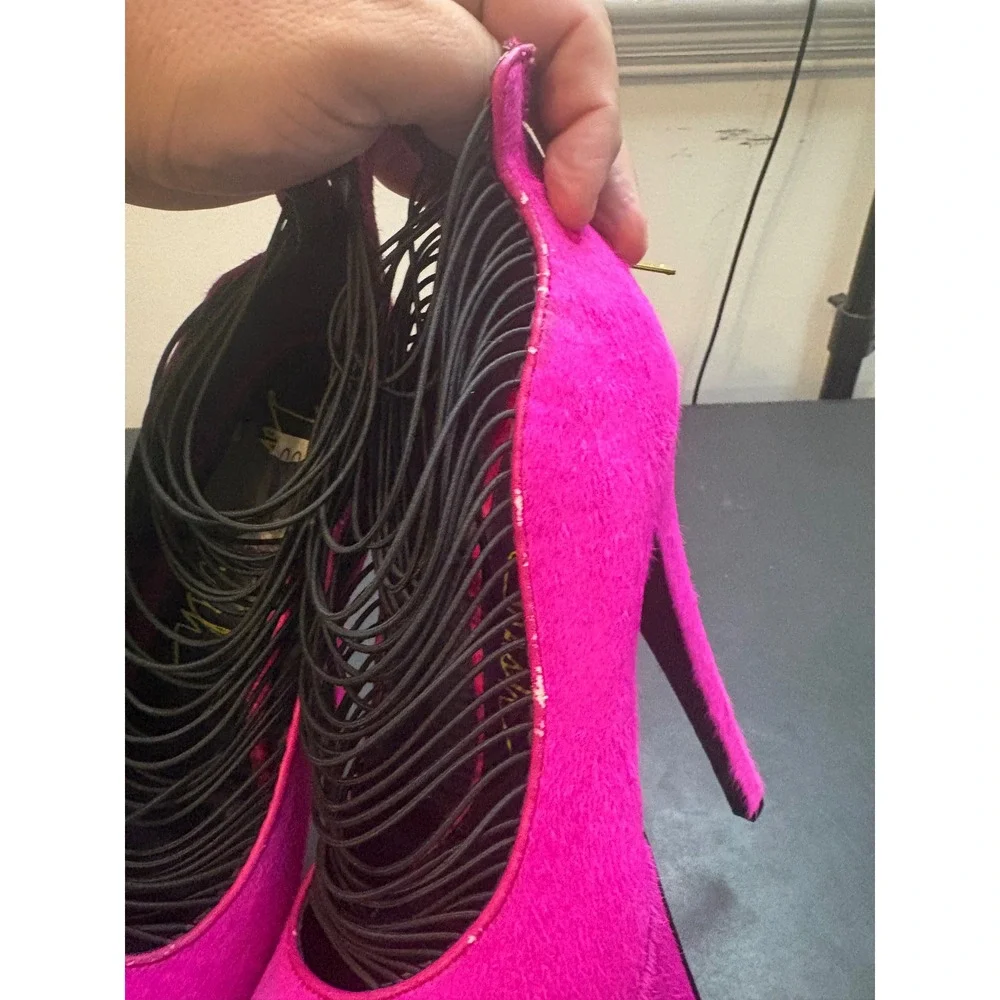 London Trash Hot Pink Pony Hair Platform Pumps Caged Multi Strap Stiletto Heels